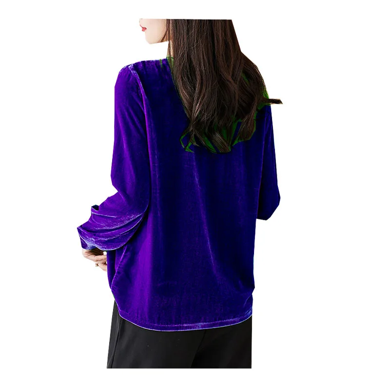 Real Silk Velvet Spring Autumn Lady Long-sleeved V-neck T-shirt Dark Green Pullover Top Temperament Large Size Women's Clothes