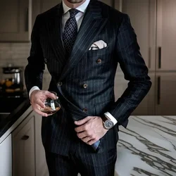 Stripe Formal Men Suits Double Breasted Blazer Business Groom Tuxedo Peak Design Slim Fit 2 Pcs Fashion Suit (Jacket + Pants)