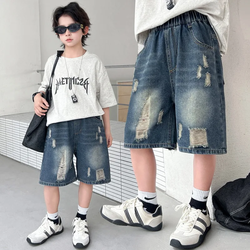 Stylish Kids Children Retro Blue Ripped Denim Shorts with Holes for Tween Boy Summer Knee Length Destroyed Jeans Capris Shorts