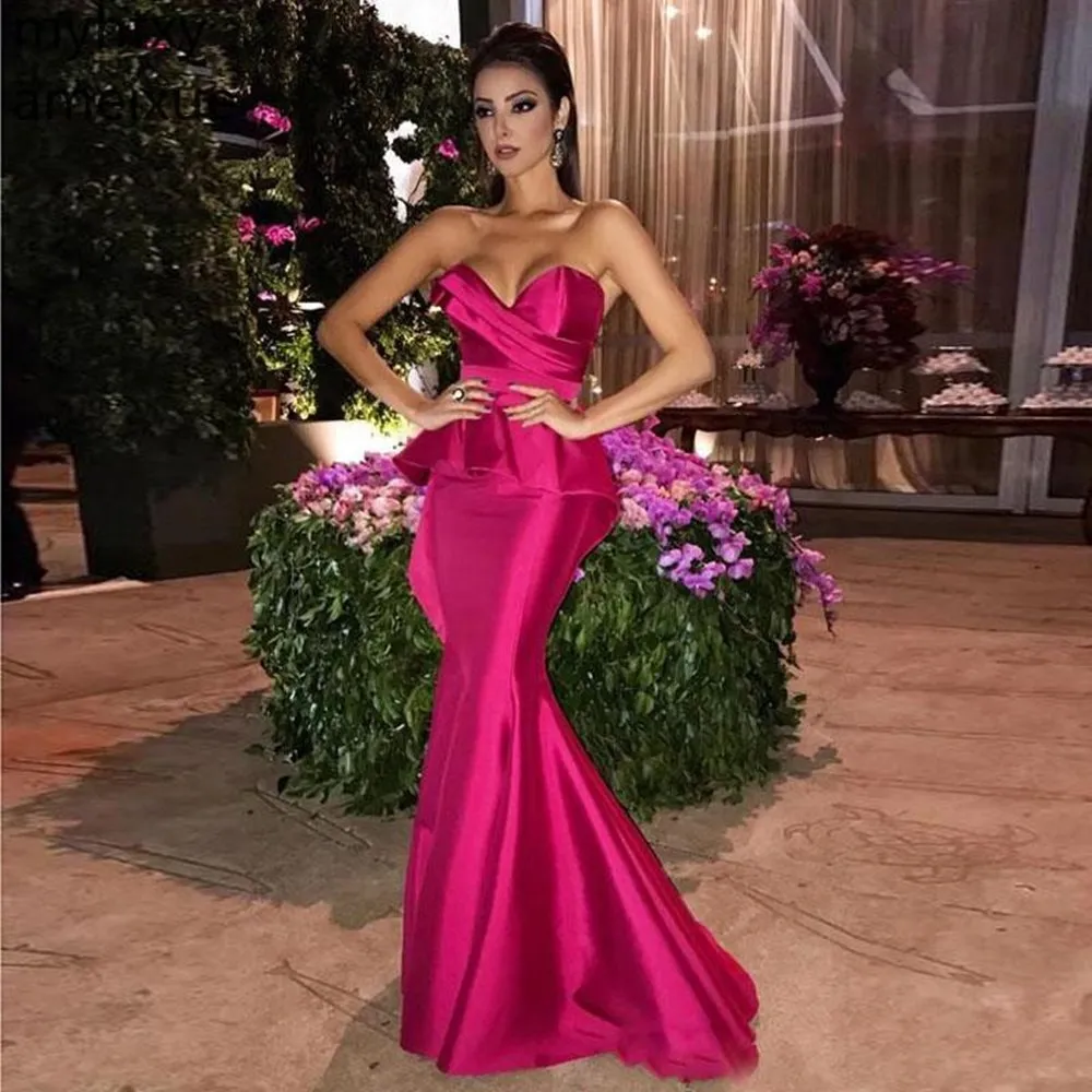 

IRIDESCENT Hot Pink Satin Sexy Ruched Backless Mermaid Evening Dresses Long Women Prom Gowns Robe De Soirée Formal Graduation