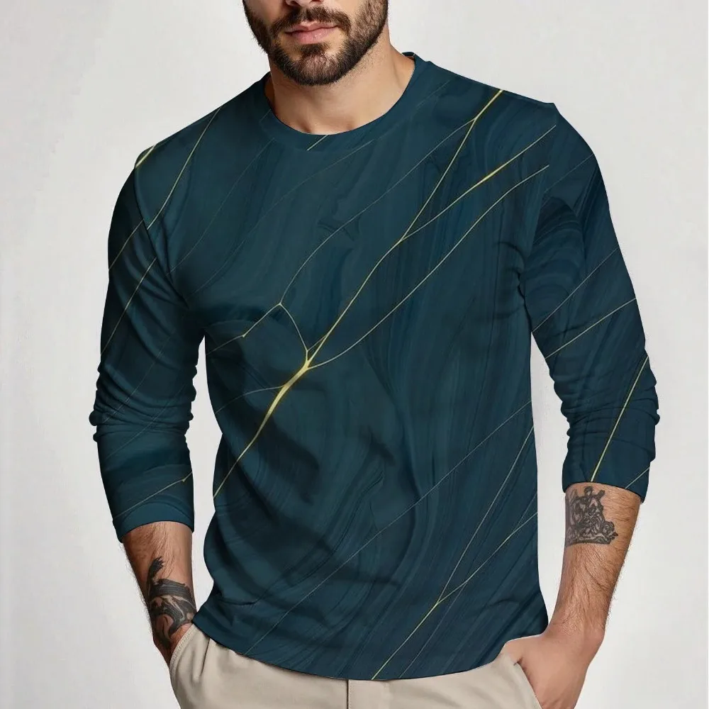 Men's Spring-Autumn 3D Printed Round-neck Long-sleeved T-shirt - Single-color Design - Comfortable and Versatile Family Clothing