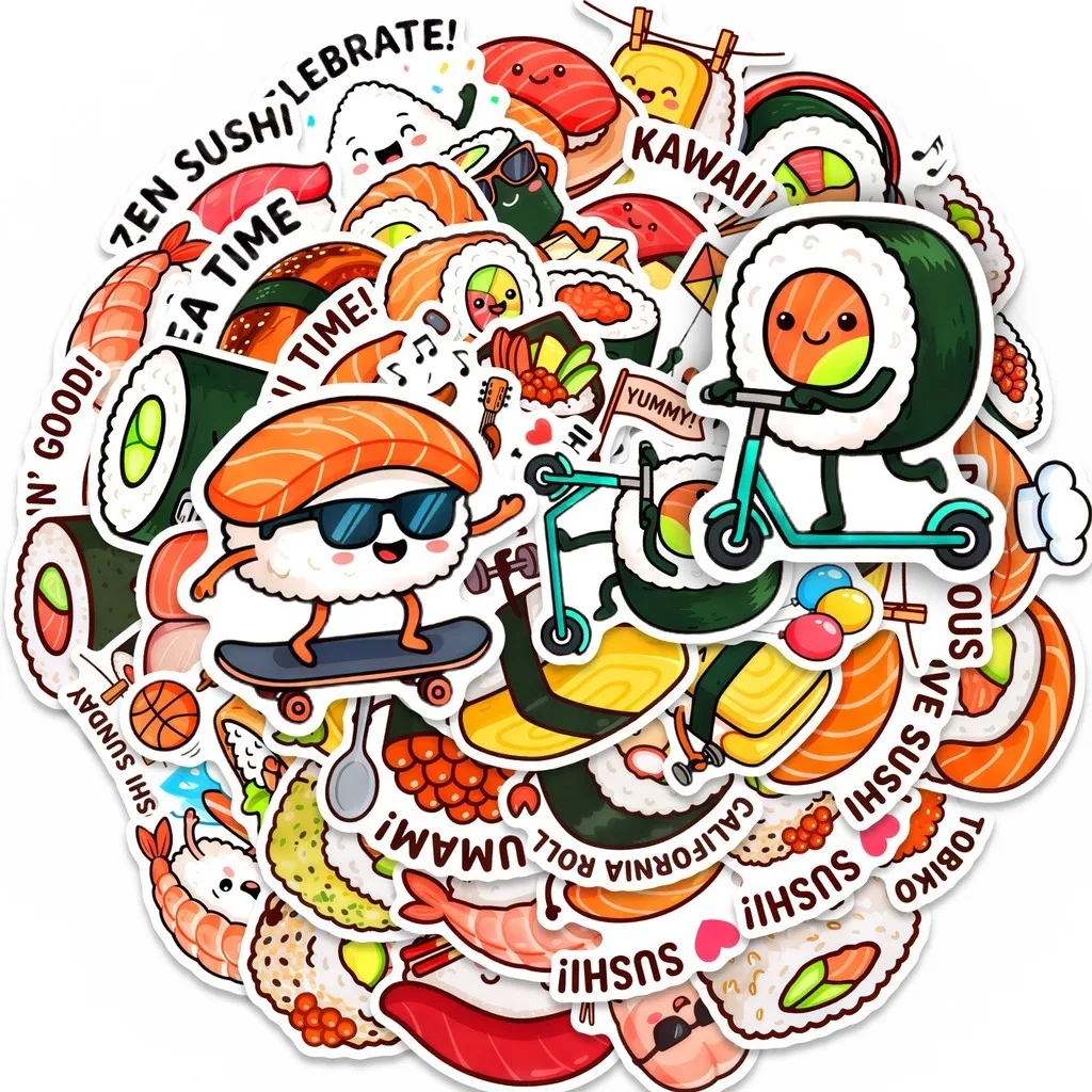 50Pcs Anthropomorphic Sushi Stickers Daily Life Themed PP Waterproof Decals for Water Bottle DIY Golden Memory Stickers Store