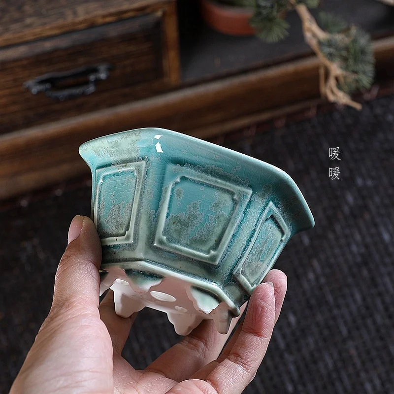 Porcelain Hexagon Bonsai Pot, Blue, Green, Hexagon, Glazed, Chinese Shape,Room Cubicles, Desktable, Office, Garden Decoration