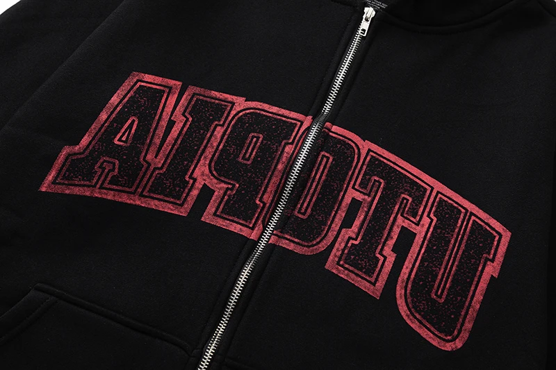 UTOPIA Reverse Alphabet Print Hoodie High Quality Pocket Zipper Hoody Fleece Sweashirts for Men Women