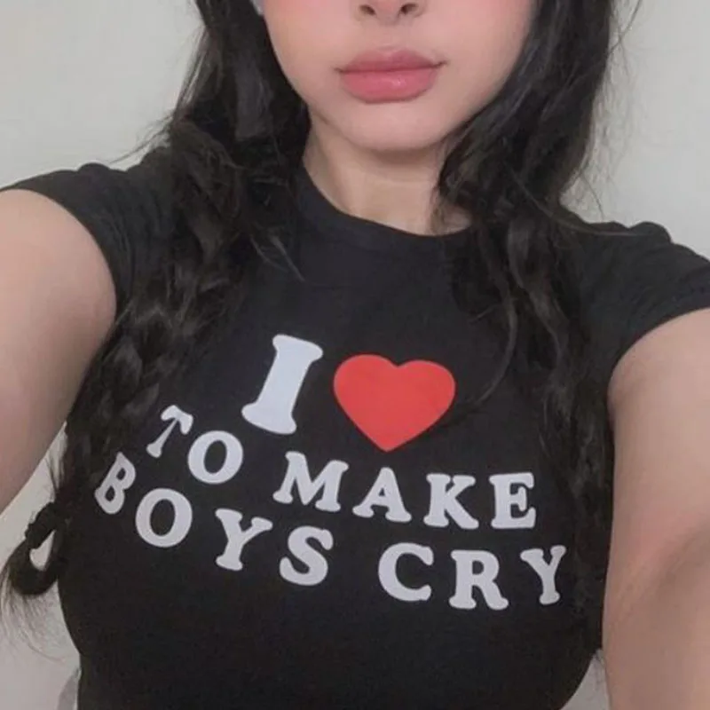 Aesthetic Grunge I Like To Make Boys Cry Alphabet Print T-shirt Summer Casual Streetwear Crop Tops Y2k O-neck Short Sleeve Tees