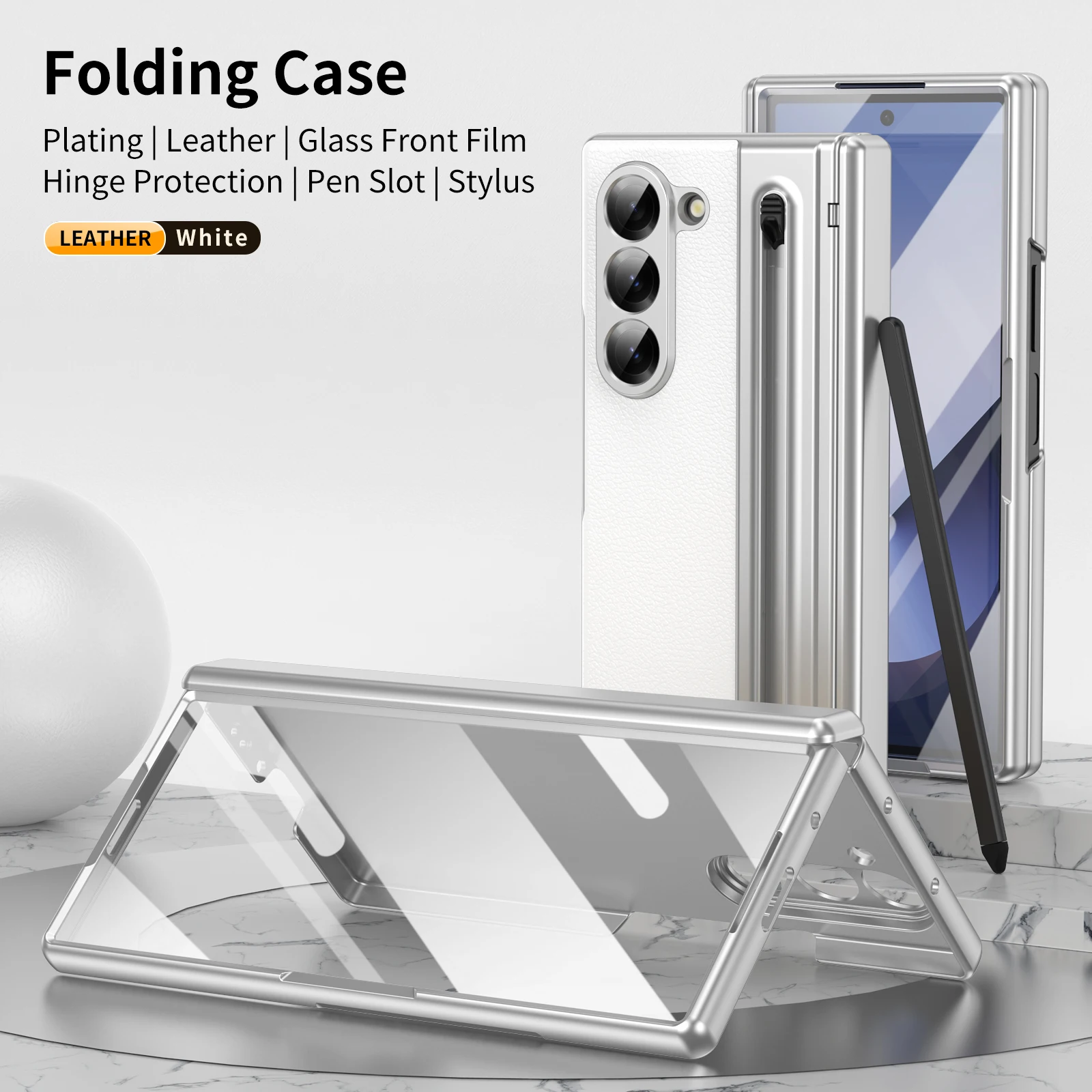 VIETAO voor Samsung Galaxy Z Fold 7 lederen telefoonhoes met scharnierbescherming, Z Fold 6 hoesje met voorschermfilmbeschermer + pen
