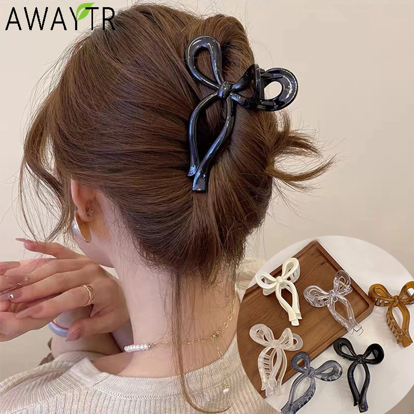 AWAYTR Ponytail Bow Large Hair Crab Clip Hair Accessories for Women Solid Acrylic Bowknot Hair Claw For Girls Barrettes Headband