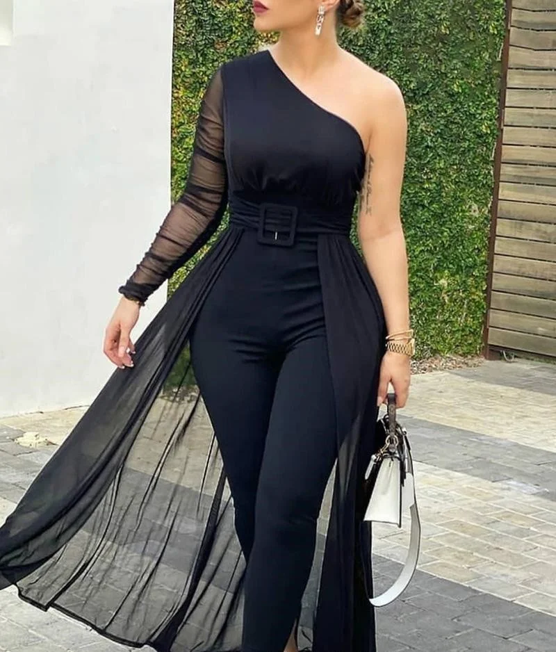 

Cutubly Fashion Mesh Black One Shoulder Jumpsuit For Women Elegant Backless Slim Skinny One Piece Jumpsuits Club Evening Party