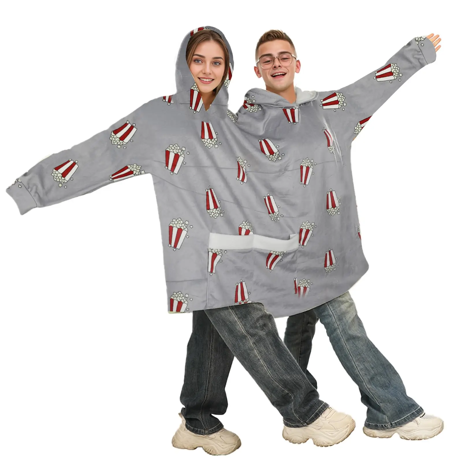 Popcorn Print Matching Couples Pajamas Hoodies Funny Couple Onesies Two Person Flannel Blanket Clothes for Adult Bf and Gf