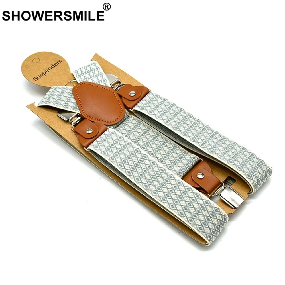 Suspender Pants for Men Wide Argyle 3 Clips Suspender Straps Beige Jacquard Adjustable Male Suspenders 120cm*3.5cm