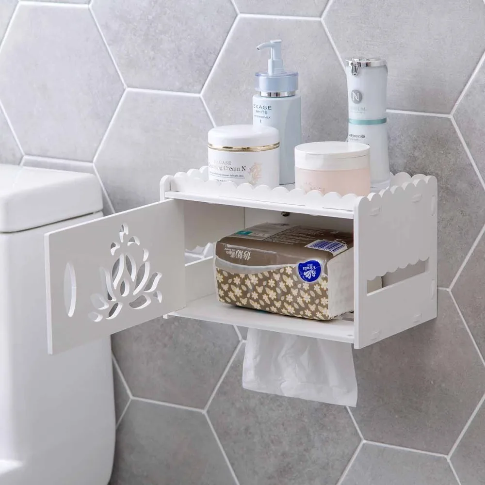 Hollow PVC Plastic Waterproof Tissue Box Bathroom WC Punch Free Paper Towel Holder Box Wall Toilet Paper Hanging Tray Shelf