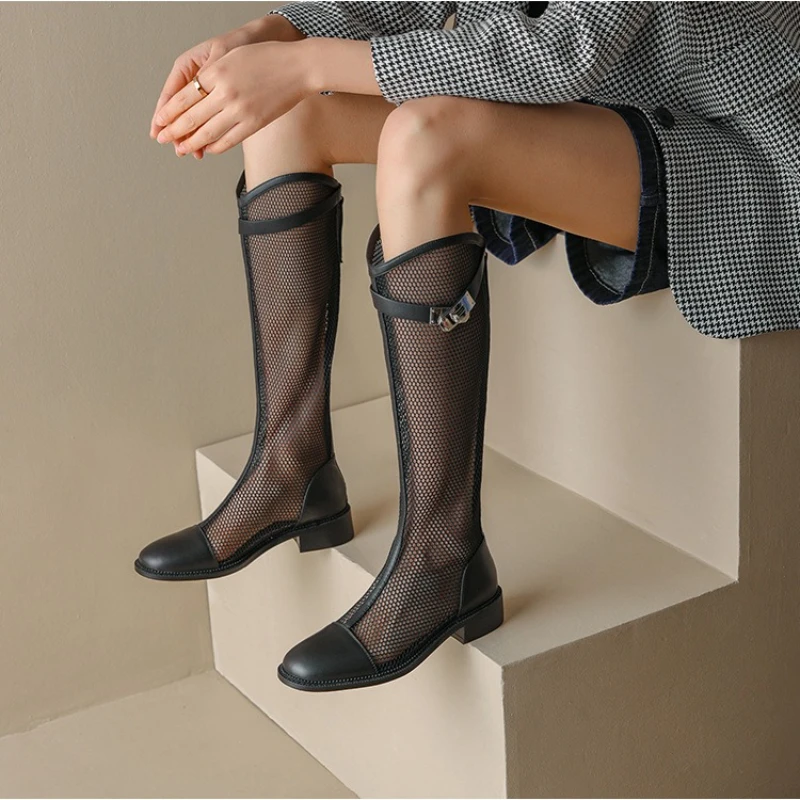 Female Summer Knee-high Mesh High Boots Women Breathable Mesh Knight Boots Thick Heel High Top Motorcycle Boots Botas Mujer image 5