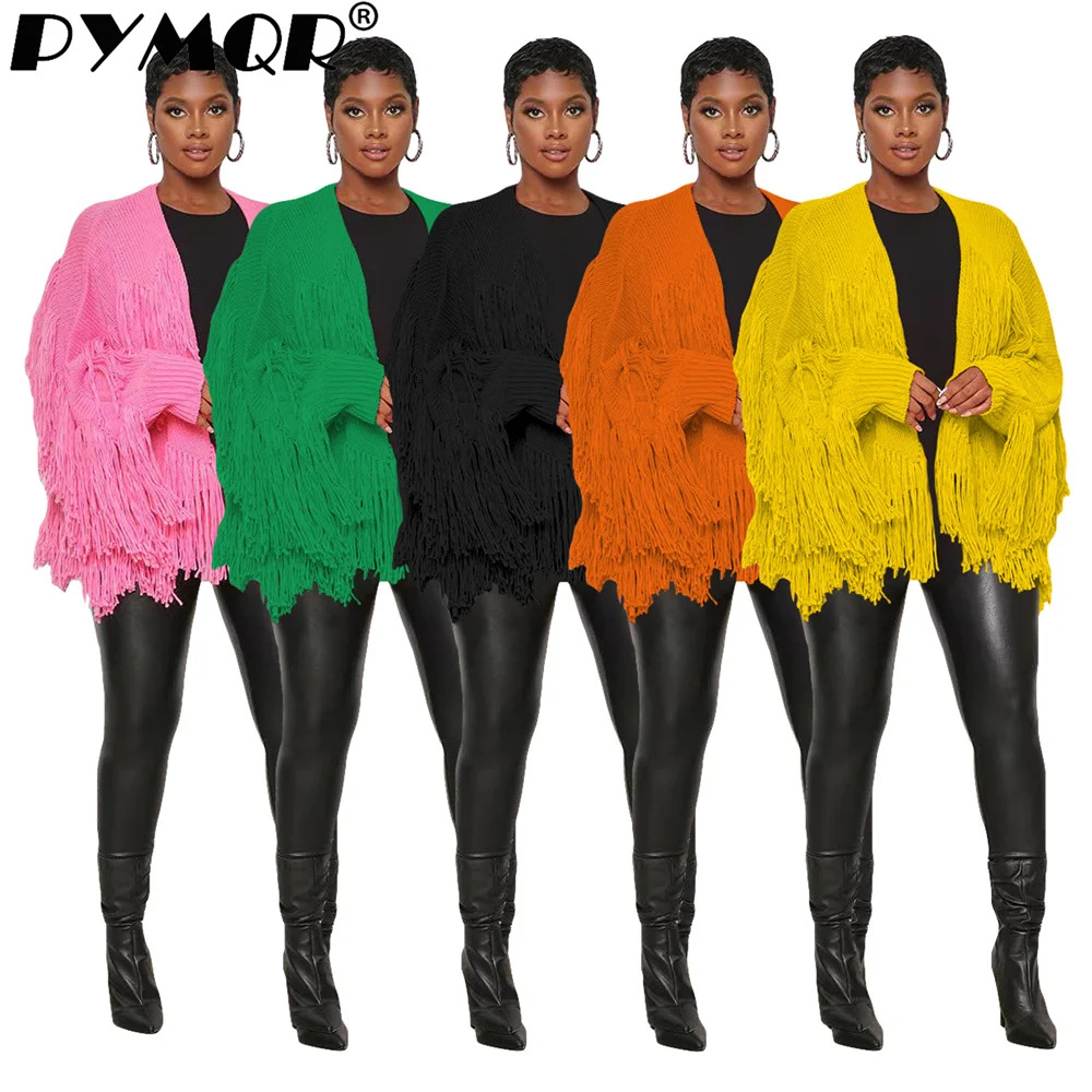 

PYMQR New Solid Color Woolen Tassel Y2K Print Women Stretchy Cardican Top Coat 2023 Winter Streetwear Y2K Hip Hop Female Cloth