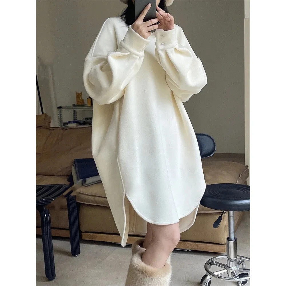 Plus Size 5XL 150kg Winter Fleece Dresses for Women Loose Waist O Collar Thick Warm Dresses