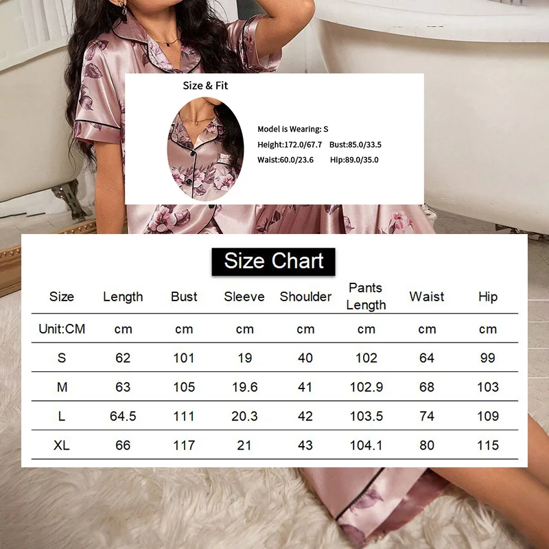 Women\'s Pajamas Elegant Satin Sleepwear Pj Set Flower Print Short Sleeve Buttons Lapel Tops & Long Pants Nightwear Home Clothes