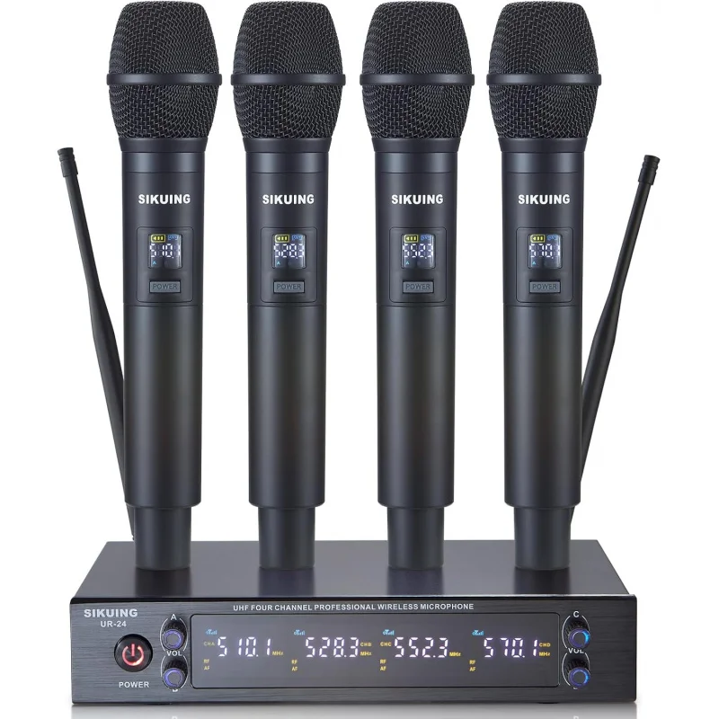 

4-канальная беспроводная UHF-система микрофонов с беспроводными ручными микрофонами, 4x50 регулируемых частот, идеально подходит для караоке