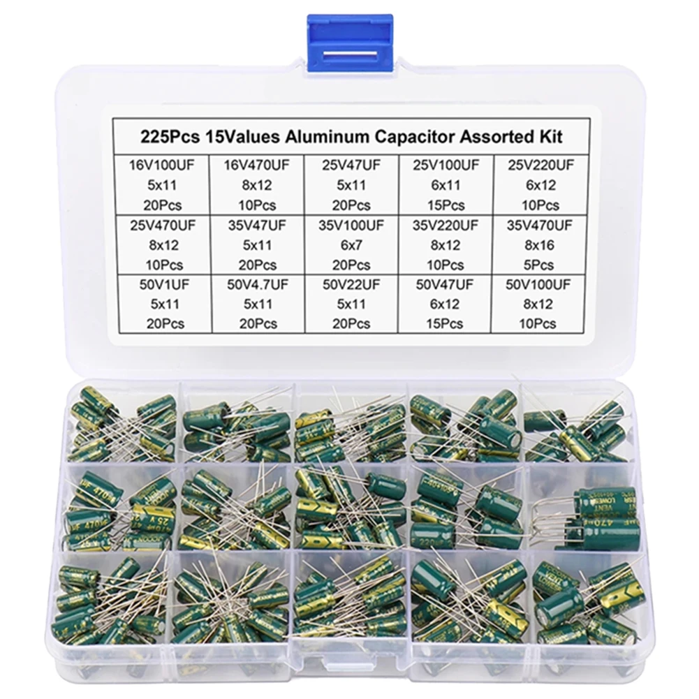 15/24/36 Values 225/460/925Pcs Aluminum Capacitors Set High Frequency Low ESR Aluminum Electrolytic Capacitor Assortment Box Kit