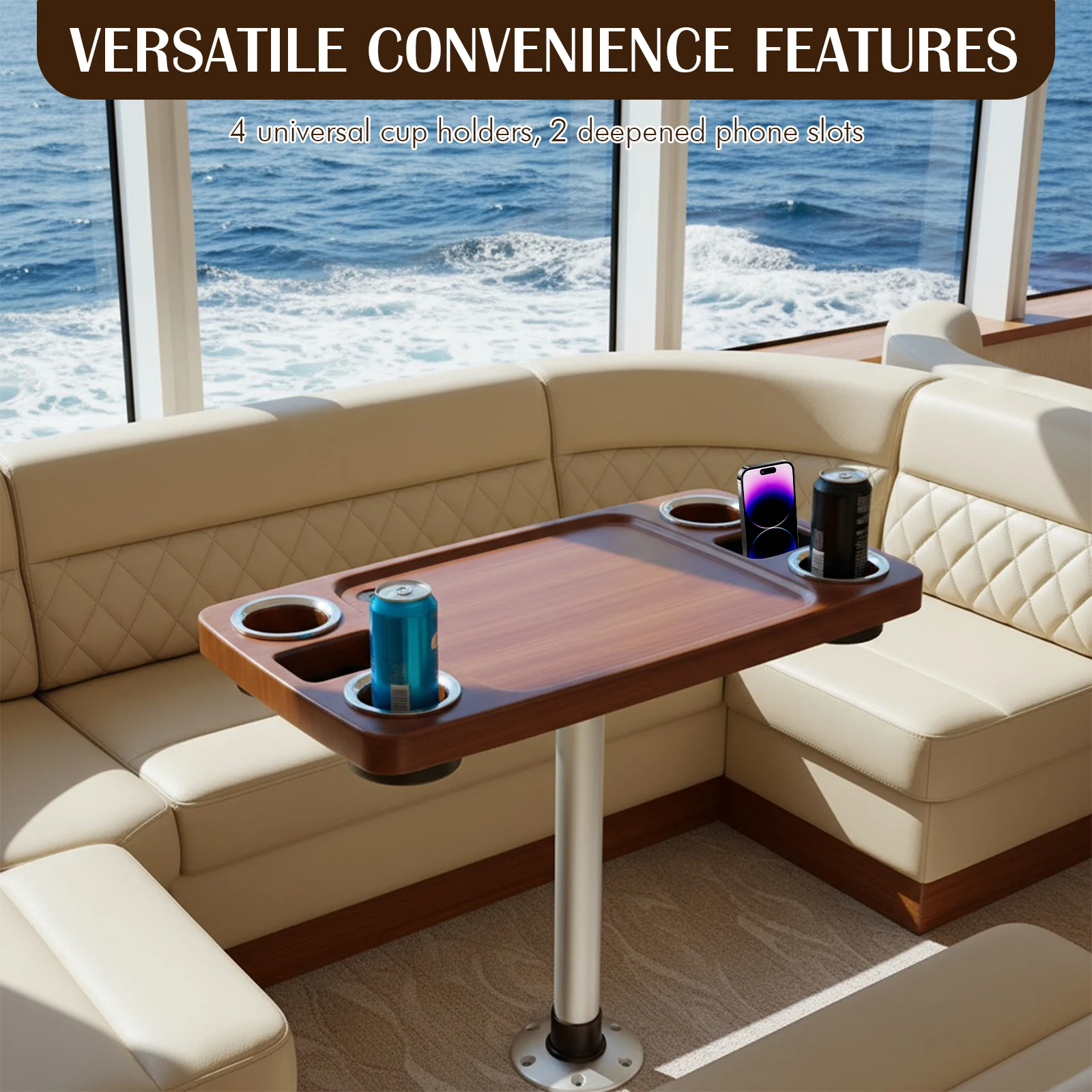 Juego de Mesa Náutico con 4 Portavasos, 2 Soportes para Teléfono, 34x18 Pulgadas, Organizador de Bar para Barco, Mesa de Plástico, Accesorios para Barco
