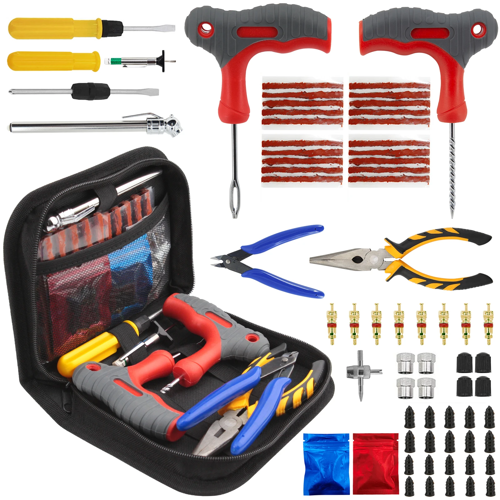 65pcs Car Tire Repair Tool Kit Auto Emergency Flat Tire Puncture Plug Needle Nose Pliers Cutter Tyre Nail Tire Pressure Gauge