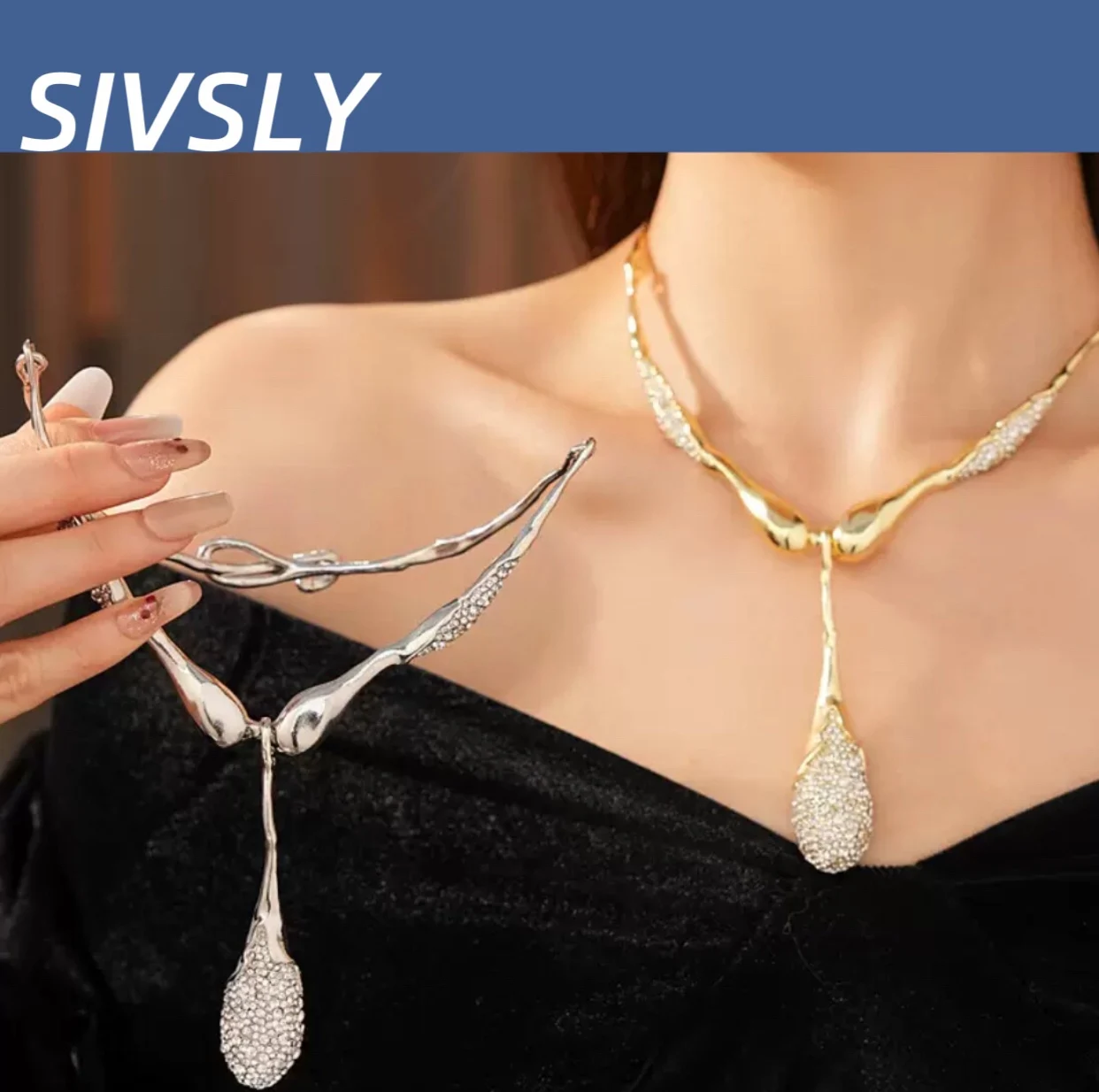 

Luxurious, cascading necklace with irregular design, versatile collar chain, fashionable accessory for women, high-end quality.