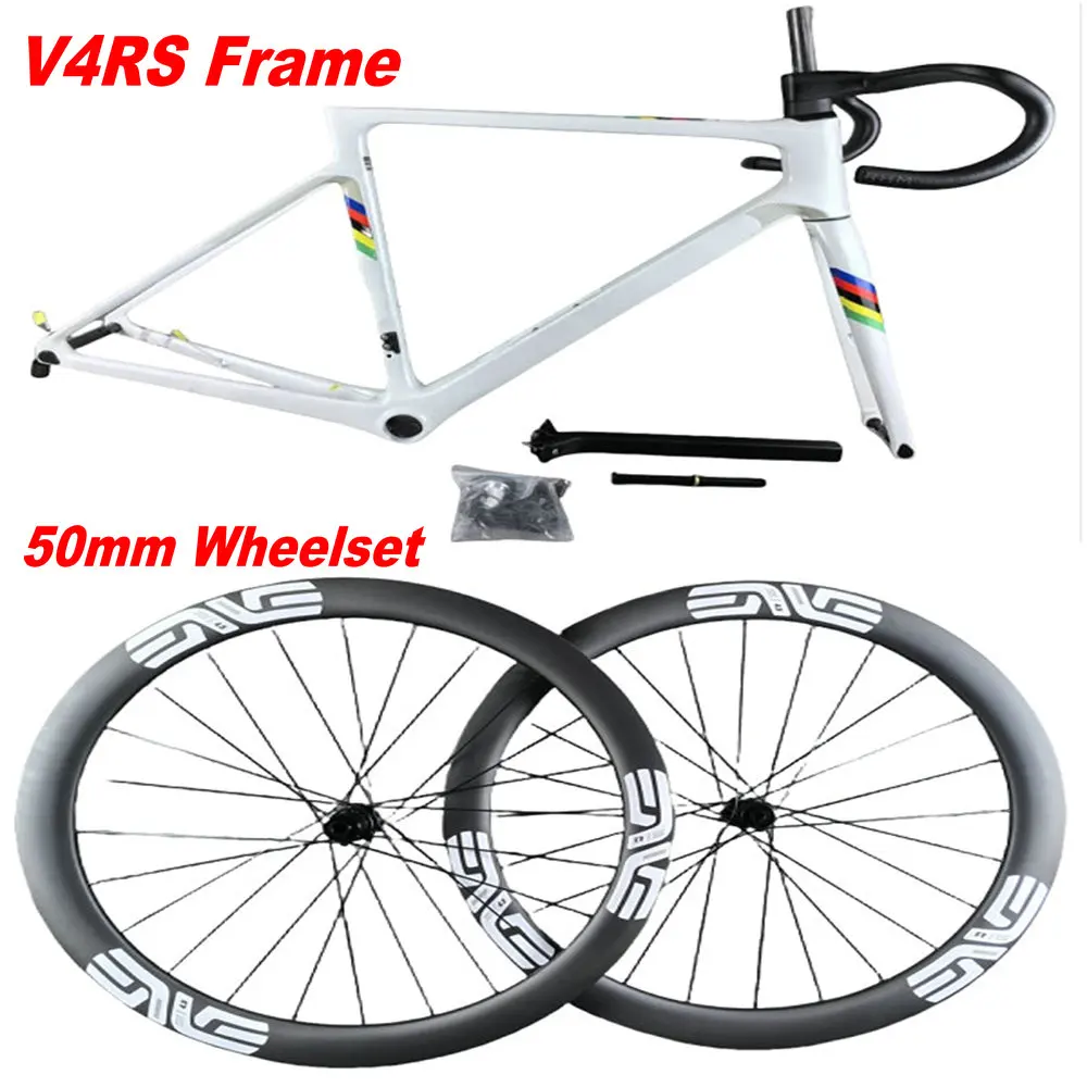 World Champion V4RS Carbon Bike Frame Road Framekit Disc with Handlebar and 50mm Carbon Wheelset RVWO White