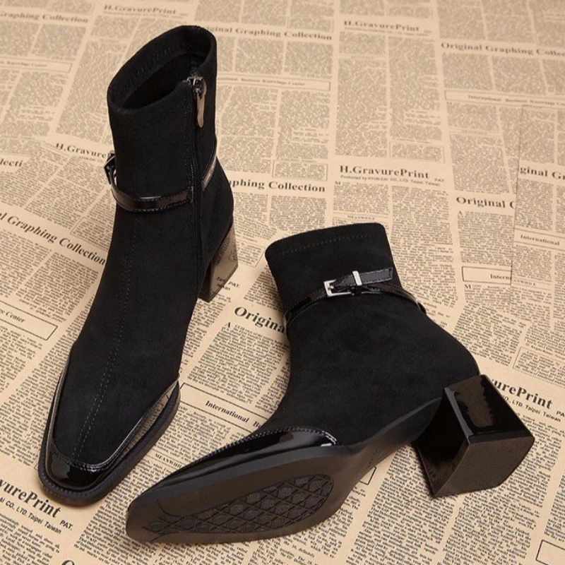 الخريف الشتاء ساحة تو النساء حذاء من الجلد حزام مشبك كعب سميك أحذية الشارع نمط مأدبة فستان الحفلات قصيرة بوتاس Mujer