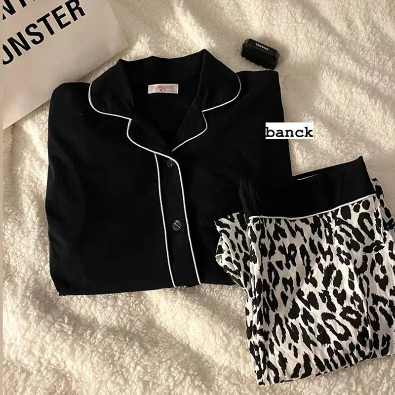 Spring and Summer New Korean Version of the Ladies Pajamas Homewear Black Leopard Cardigan Autumn and Winter Homewear Thin Suit