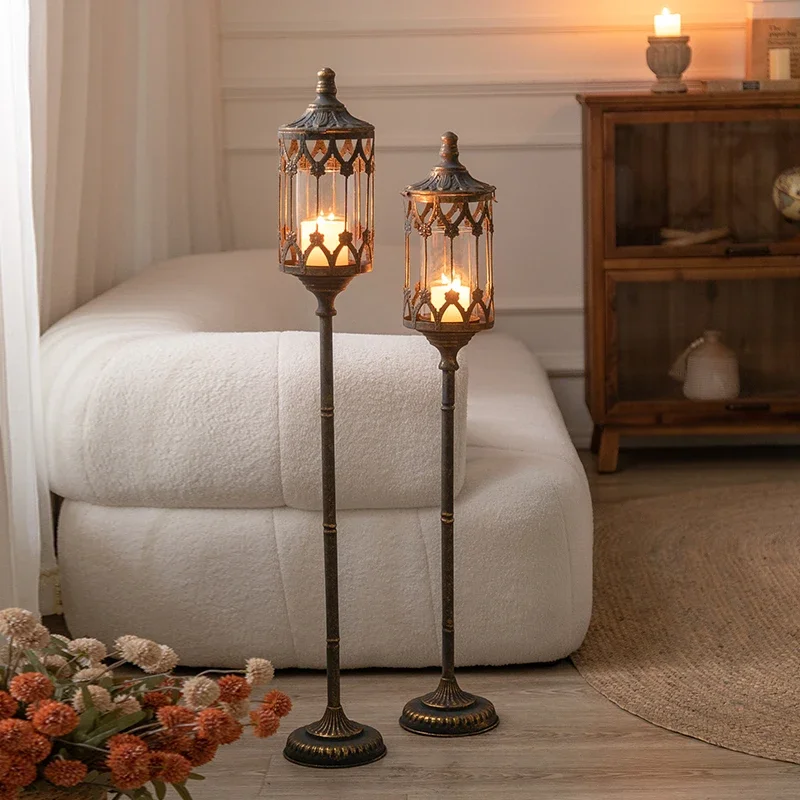 American retro candlestick candle household classical light luxury wrought iron living room wind lamp floor bronze