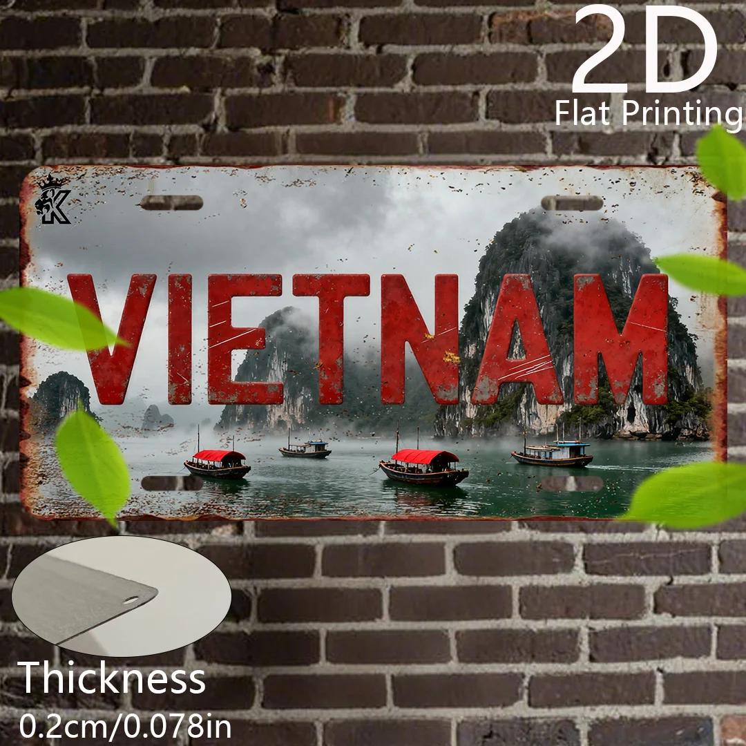 Vietnam Ha Long Bay Traditional Junk Boat 2D Flat Printing Retro License Plate Style Metal Tin Sign, Vintage Travel Souvenir Wal