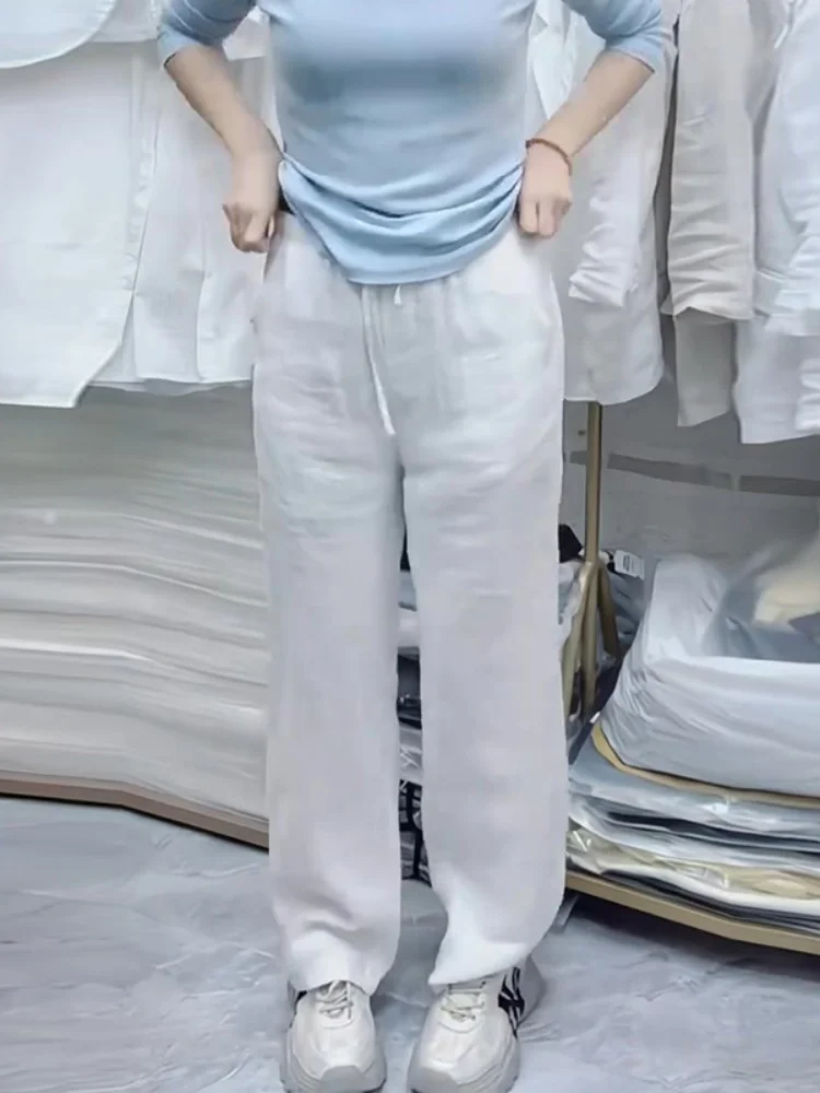 Branco perna larga algodão linho calças casuais das mulheres verão cintura elástica tubo reto commute sle calças de cintura alta