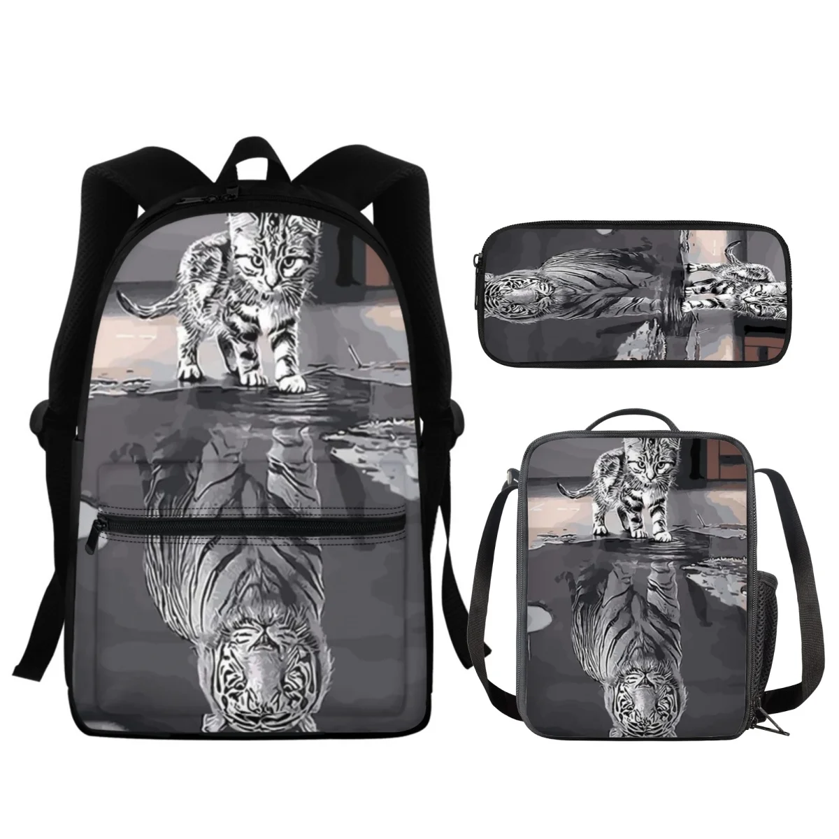 

FORUDESIGNS Cat Reflection Tiger Schoolbags 3Pcs/Set Pencilcase Meal Bags Students School Supplies Handy Practical Rucksack Out