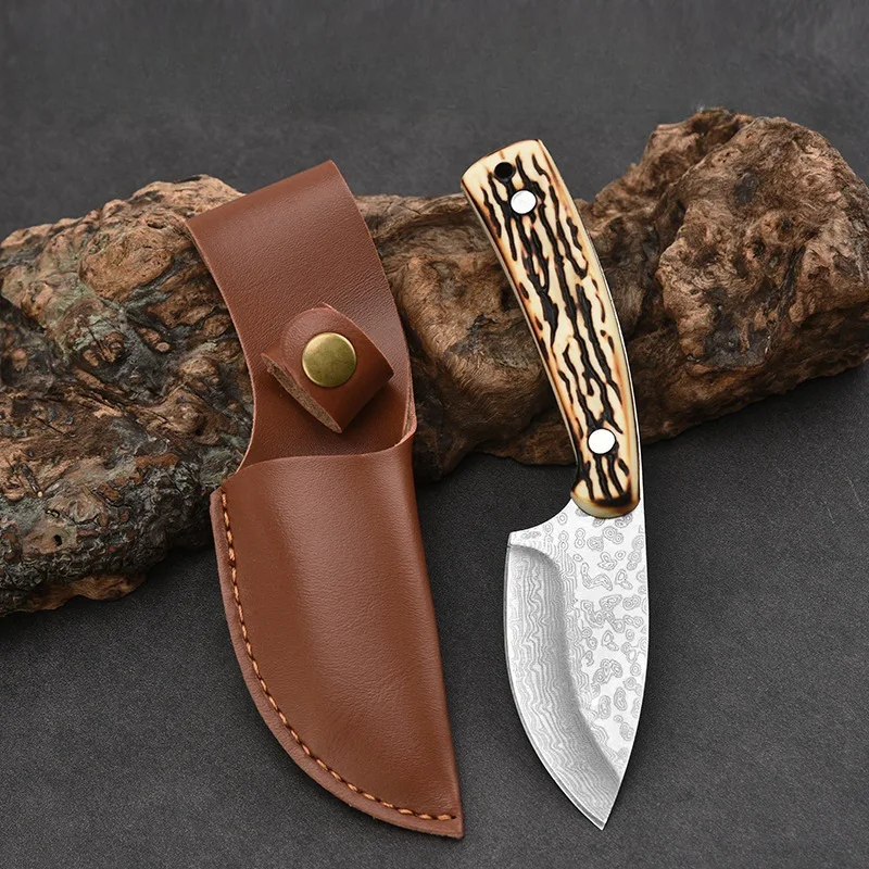 Sharp Fixed Blade Knife Simulated Bone Handle Outdoor Camping Mongolian Grilled Meat Cutter Survival Knife with Leather Case