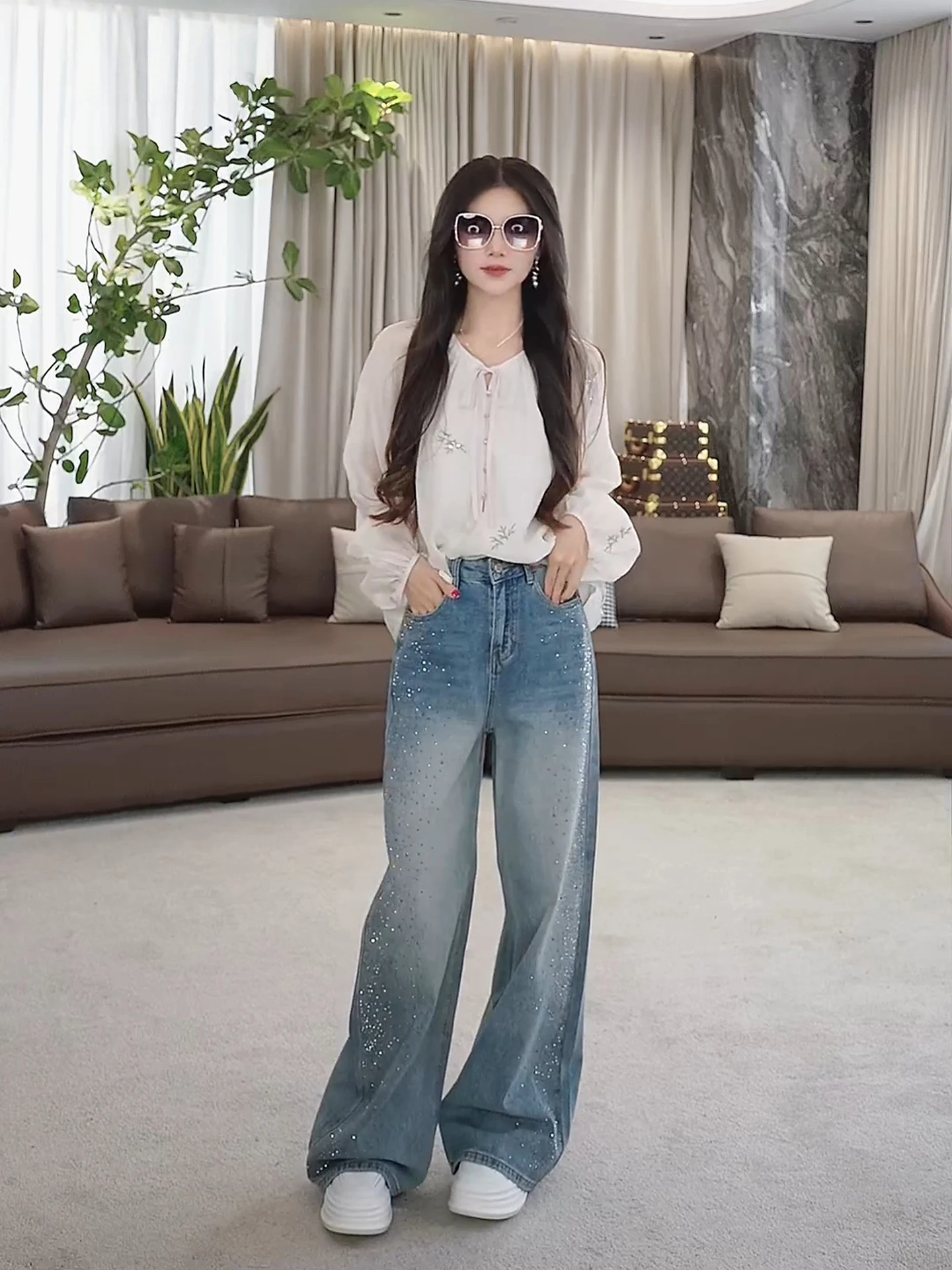 

Spring New Sle Qianyu LA eila Glittering Wide Leg Straight Cut Jeans Light Blue Denim Pants Flaing Diamond Ladies Jeans