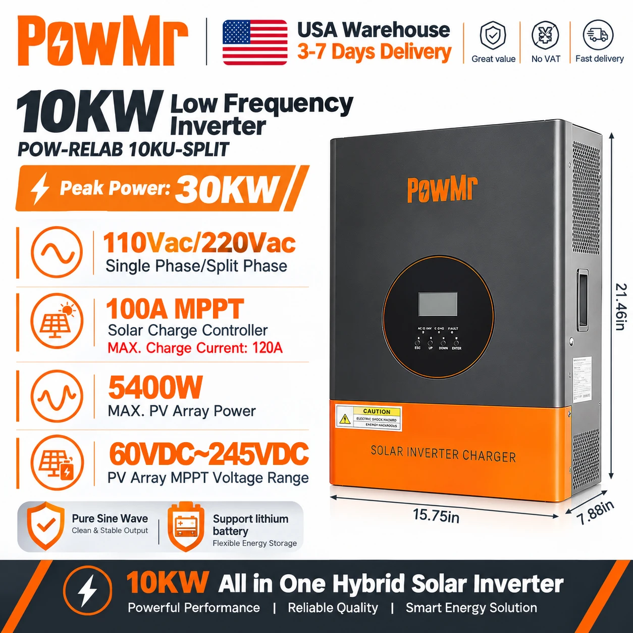 PowMr 5000W 10000W Low‑Frequency Split‑Phase Solar Inverters 48V DC to 110V 220V AC Output With MPPT 100A Contronller Max PV 245Vdc 5400W Input BMS System Support LiFePO4 Lead‑Acid Battery Emergency Backup Power Supply US Warehouse