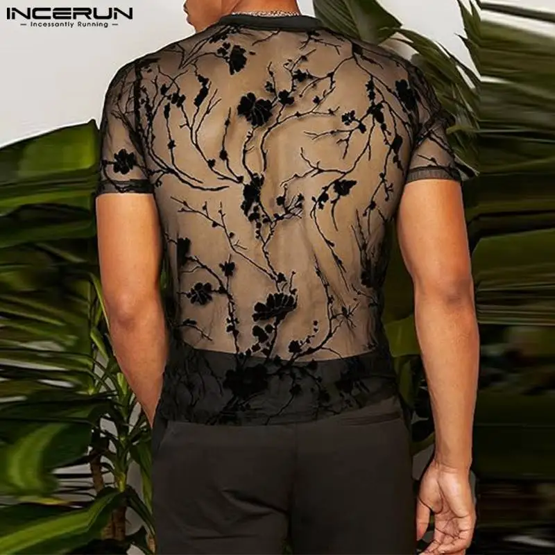 INCERUN Tops 2024 American Style Men\'s Sexy See-through Printed T-shirts Leisure See-through O-neck Short Sleeved Camiseta S-5XL