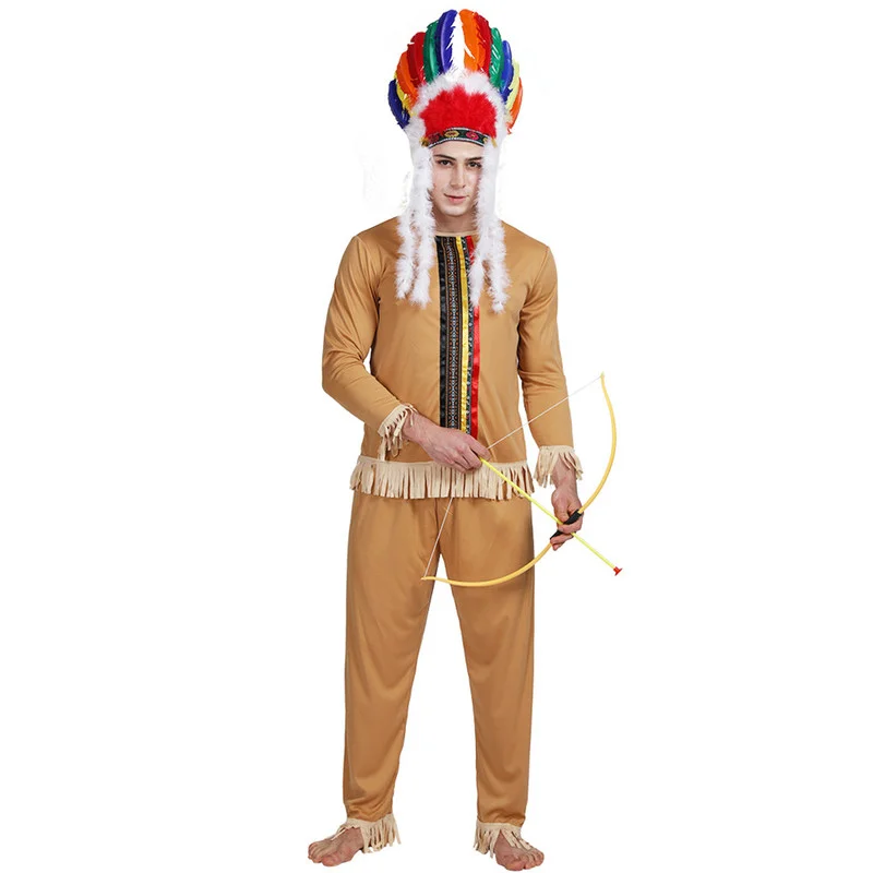 2022 Men Cheap Native American Halloween Party Costume Indian Primitive Hunters Cosplay Suits Carnival Easter Purim Fancy Dress