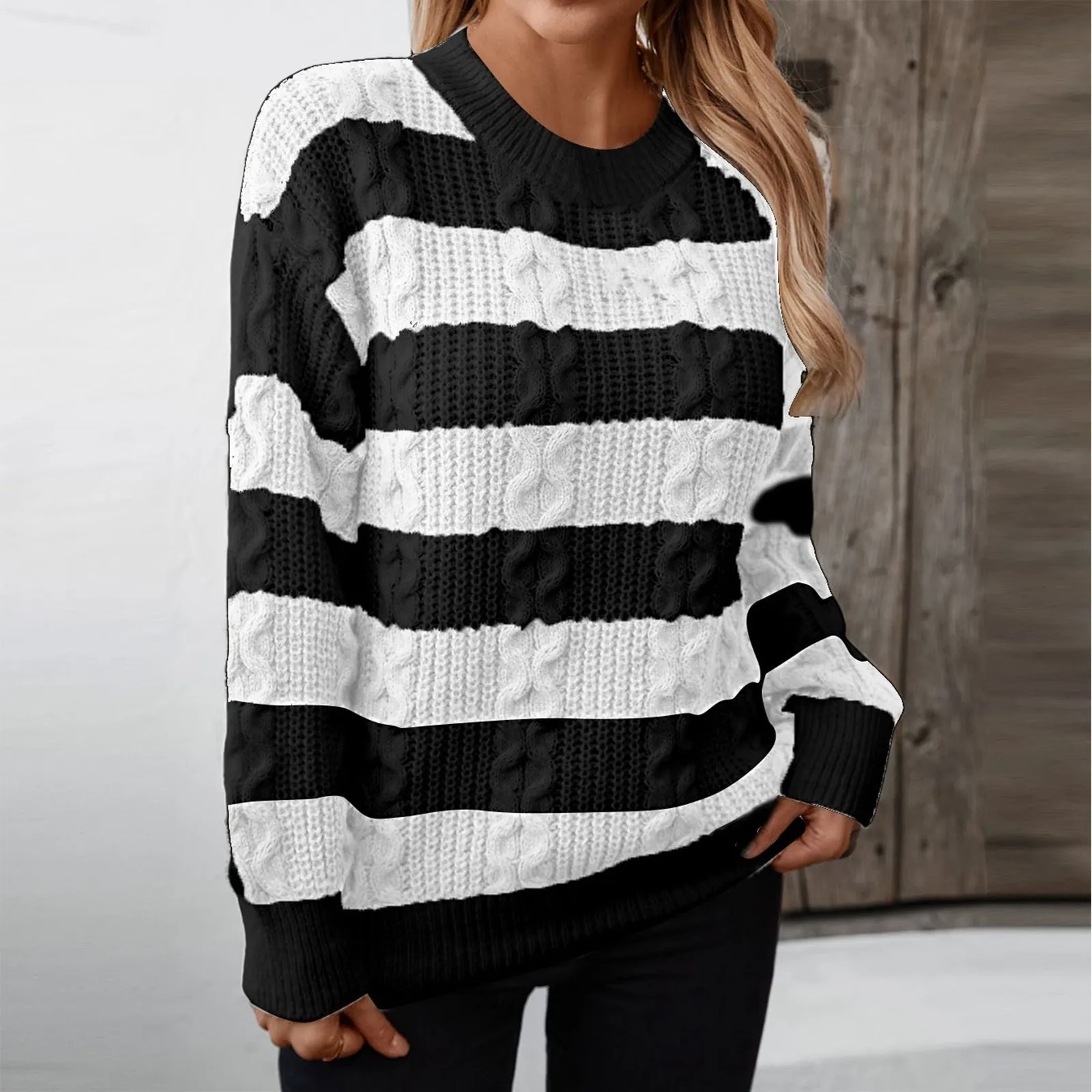 

Women'S Twisted Striped Knit Sweater Autumn And Winter Vintage Crew Neck Long Sleeve Loose Warm Jumper Fashion Casual Sweater