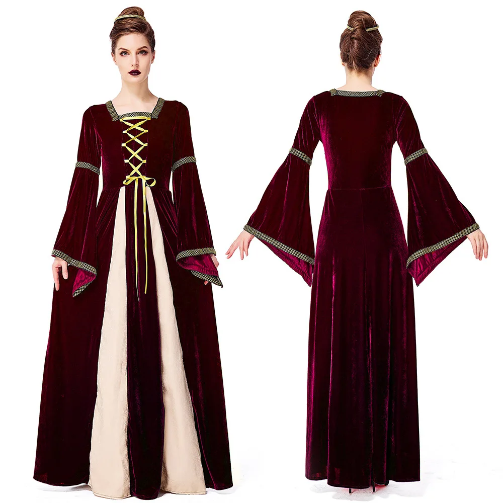 Women Cosplay Costumes Vintage Victorian Court Dress Queen Princess Green Red Velvet Medieval Gown Carnival Halloween Costume view 5