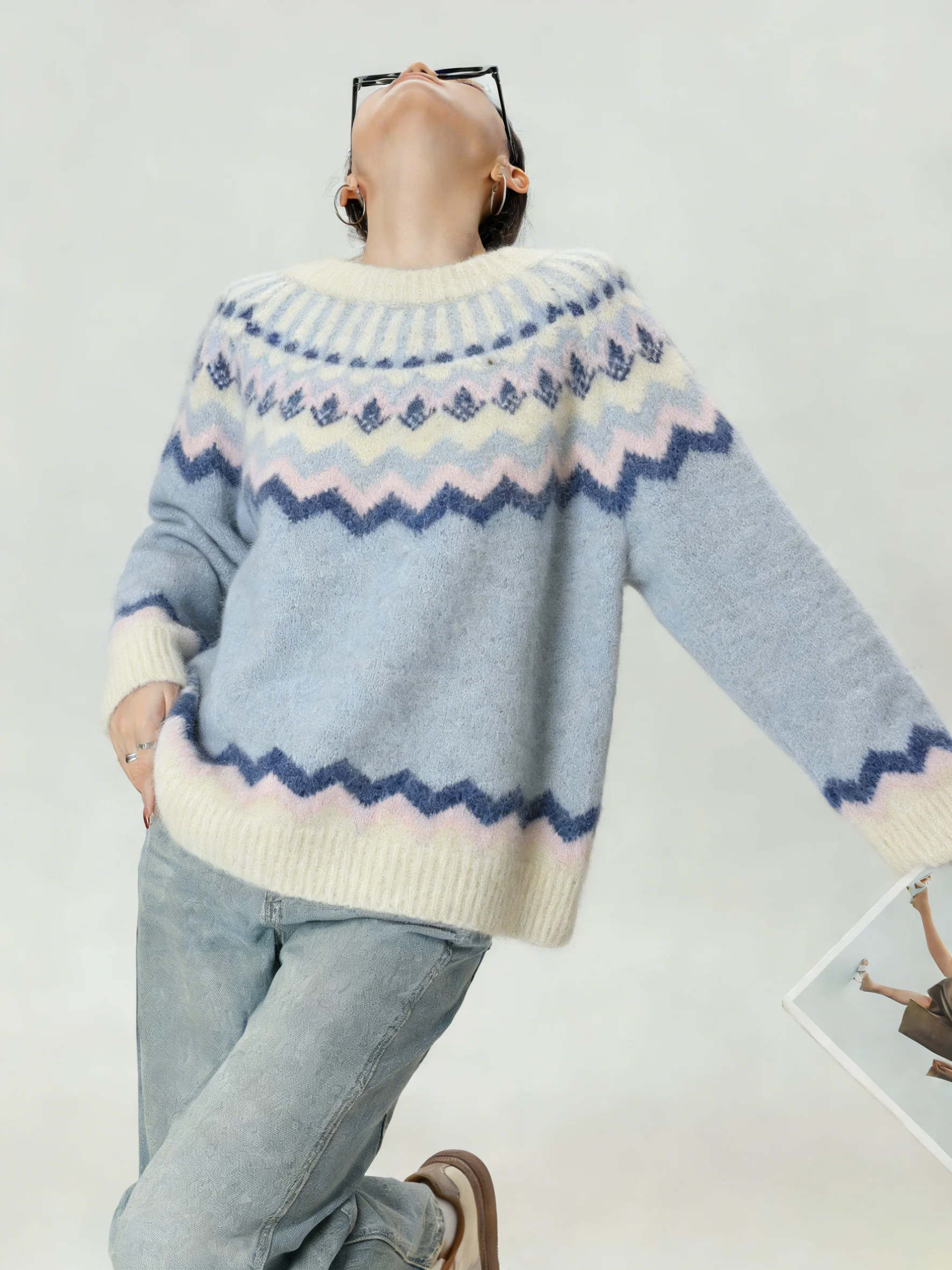 

Голубой вязаный свитер Fair Isle round Ne с вышивкой, повседневная свободная посадка, зимняя внутренняя одежда, топ Lazy High End Feeling