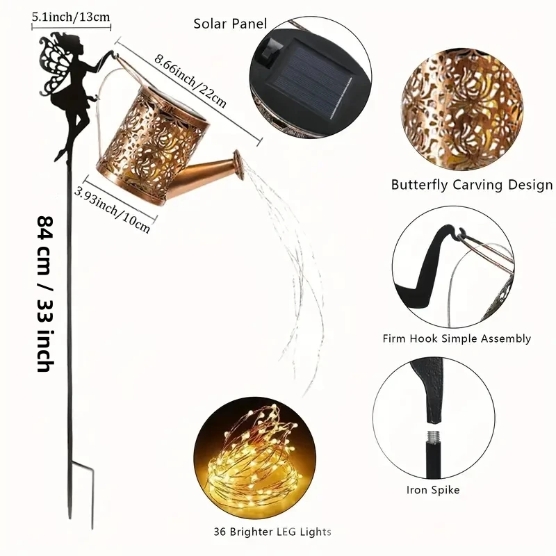Solar Fairy Watering Can Garden Stake Lights Outdoor Waterfall String Lights  Kettle Projection Light for Lawn Path Yard Decor view 6
