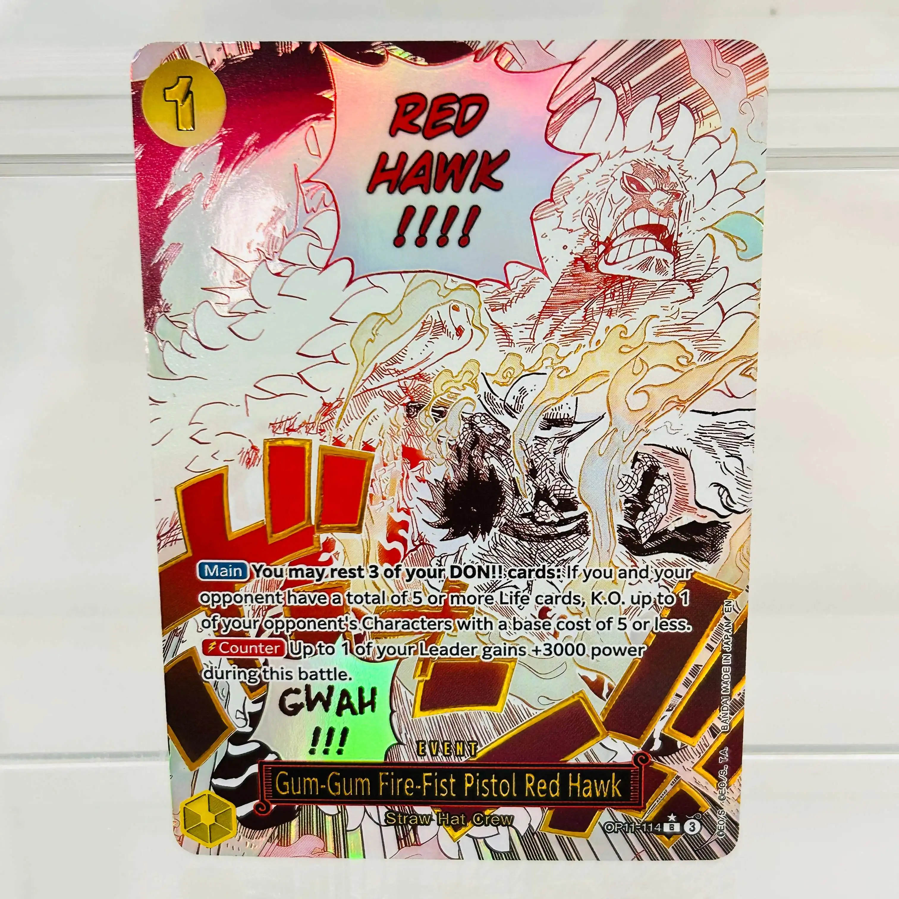 

One Piece Luffy Gum-Gum Red Hawk OP11-114 English Card Gold Foil & Holographic Texture DIY Premium Anime Collection Card