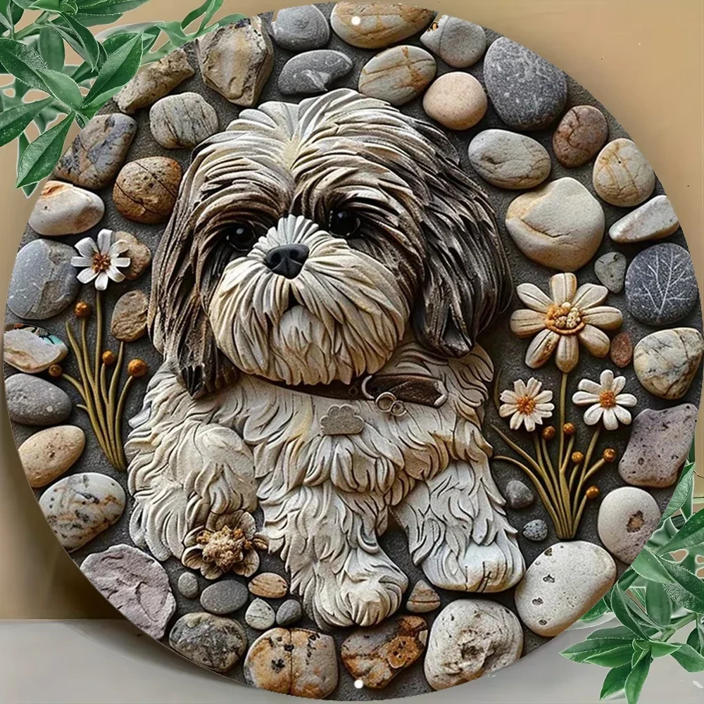 Shih Tzu themed 8x8 inch metal wreath signage. Spring and Christmas decoration. Suitable for living room. Durable aluminum