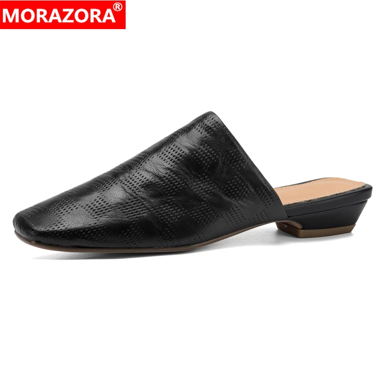 

MORAZORA Plus Size 35-43 Genuine Leather Slippers Women Shoes Square Toe Low Heels Fashion Mules Smmer Party Dress Shoes