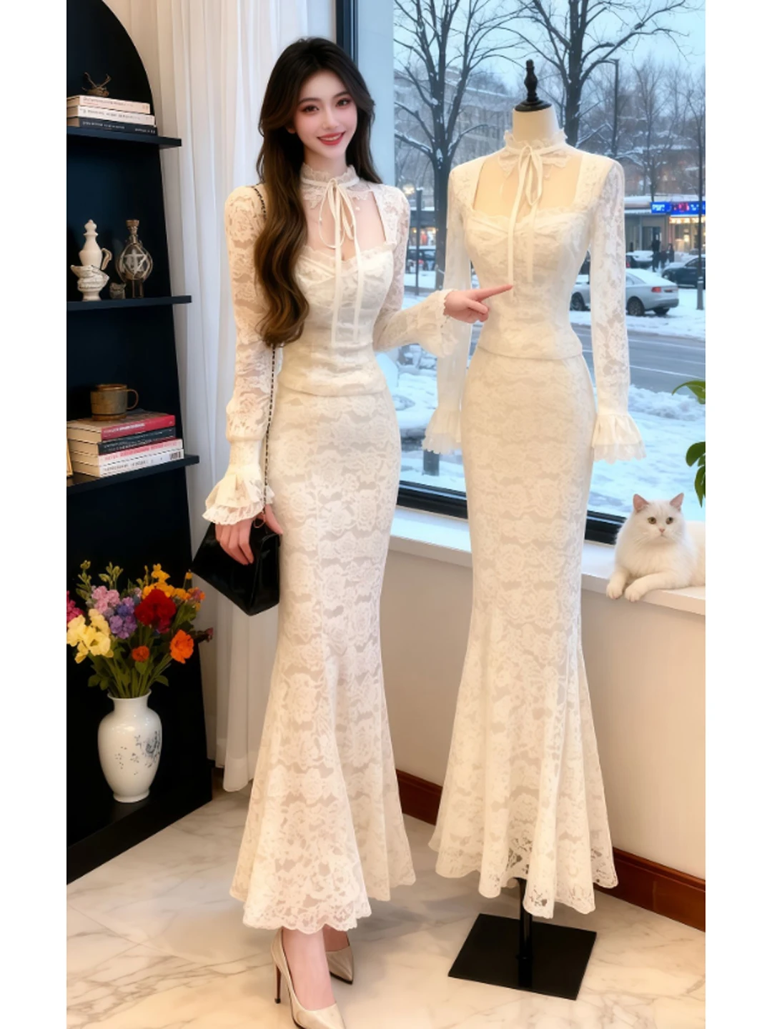 

Модный комплект: кружевной топ и юбка-«рыбий хвост», сексуальный, комфортный, средней плотности, зимний наряд для свиданий