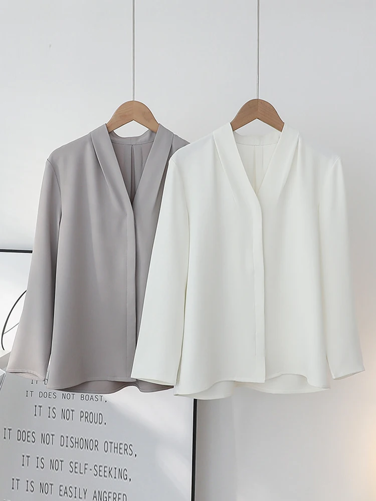 

Весна 2025: Женская профессиональная блузка с длинным рукавом и V-образным вырезом, повседневная, дышащая, белая, для собеседований, поездок на работу и офиса