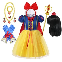 Snow White Princess Dress Kids Girl Costume With Cape Headwear Halloween Carnival Birthday Party Cosplay Children Clothing