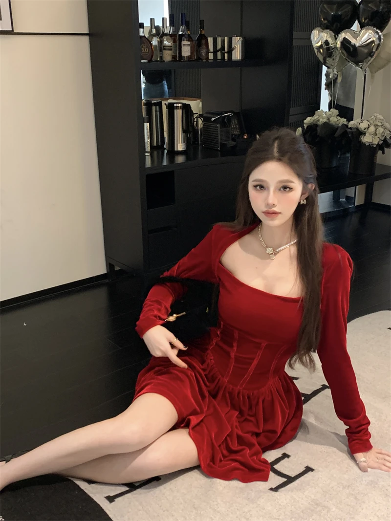 Abito in velluto donna colletto quadrato autunno Fashion Party Solid Tender stile coreano tempera attraente Ulzzang abiti a maniche lunghe