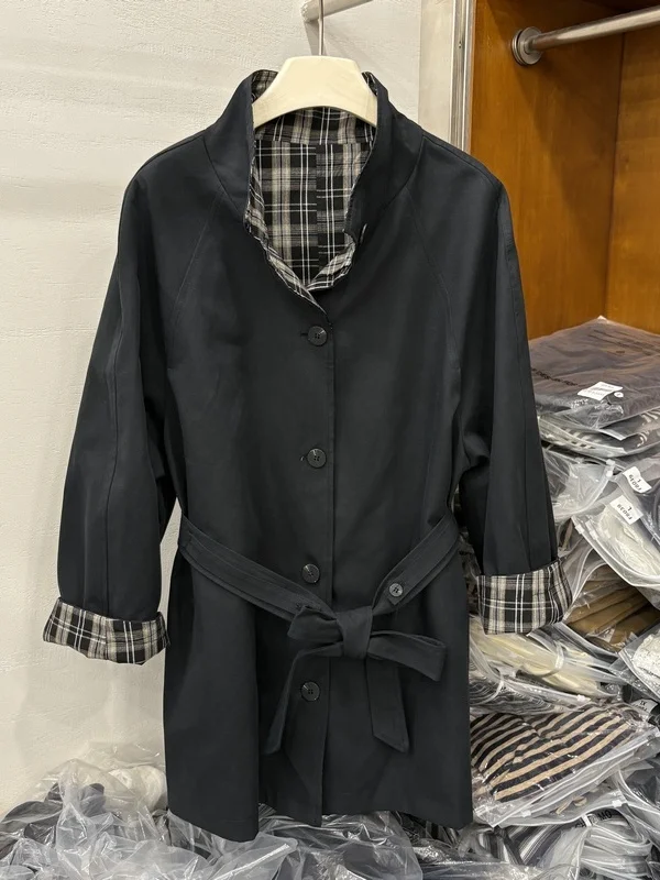

High-End Casual Plaid Double-Sided Wear Belted Stand Collar Women's Windbreaker Spring 2026 New Arrival Commute Loose Fit Lon...