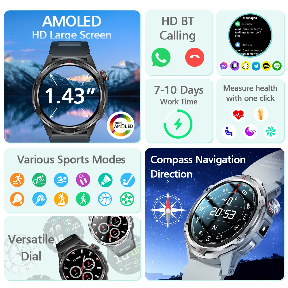 ساعة ذكية Aolon Tetra R4 للرجال AMOLED AOD بلوتوث مكالمة مصباح يدوي بوصلة مقاومة للماء جهاز تعقب رياضي خارجي ساعة ذكية