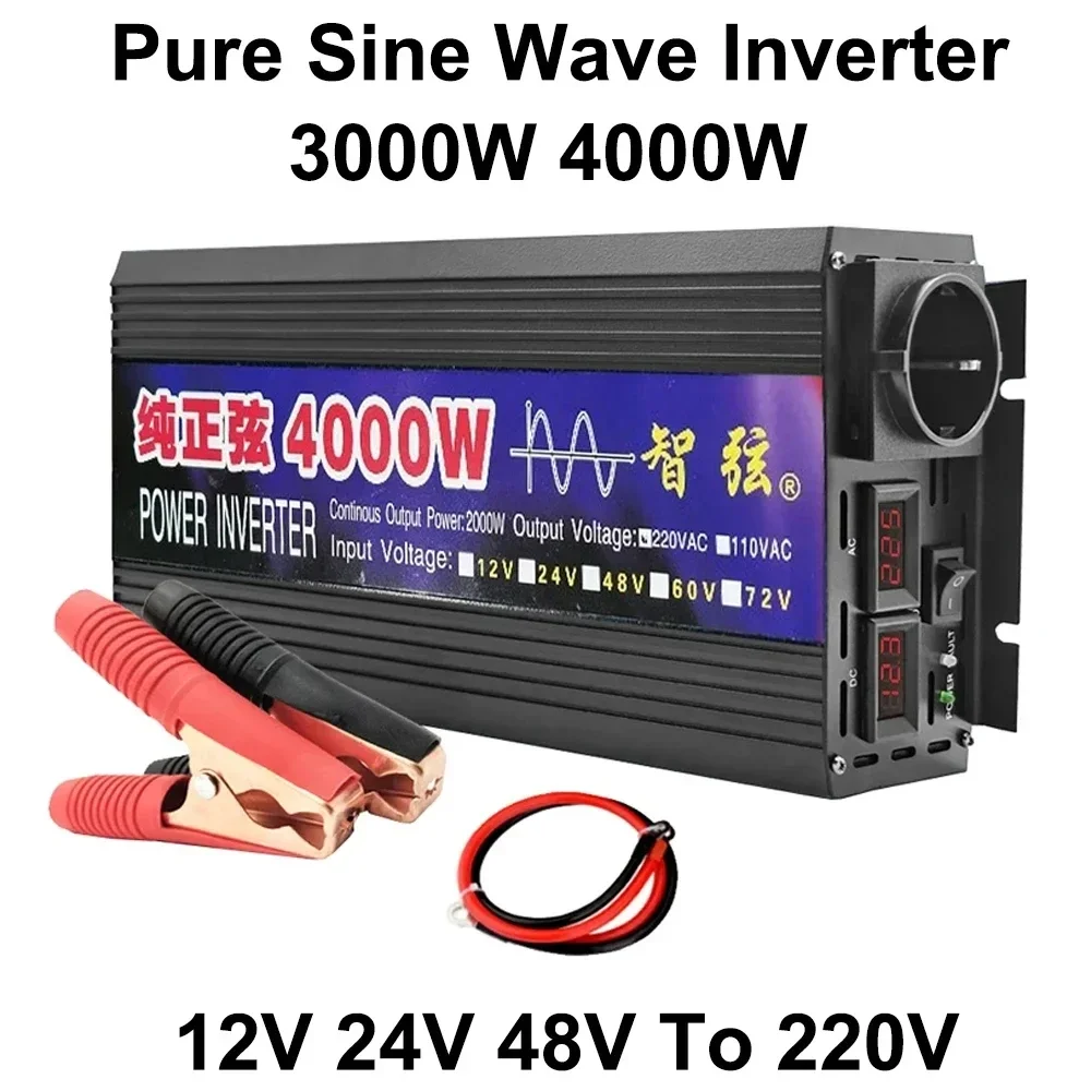 

12V Pure Sine Wave Inverter 3000W 4000W With LED Display DC 12V To AC 220V Voltage EU Socket Converter Power Solar Car Inverters